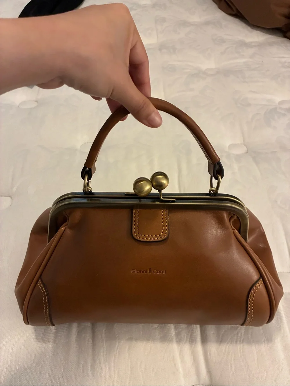 Structured Tan Leather Kiss-Lock Wristlet Clutch